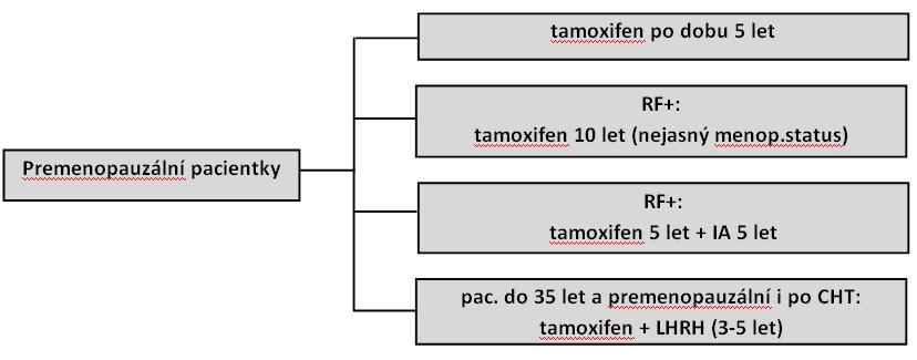 Možnosti adjuvantní hormonoterapie: Definice menopauzy: - předchozí bilaterální ovarektomie - věk > 60 let - věk < 60 let a amenorrhea po dobu 12 měsíců bez podávání CHT, TMX nebo OA,