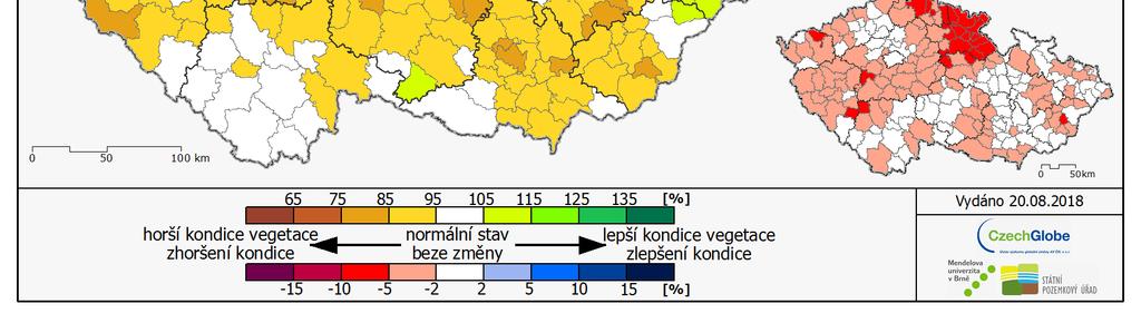 Mapa 2: Kondice vegetace agregovaná na úroveň obcí s rozšířenou působností. Mapa 3: Dopady sucha do rostlinné výroby Naše odhady dopadů sucha potvrzují zprávy od našich respondentů.