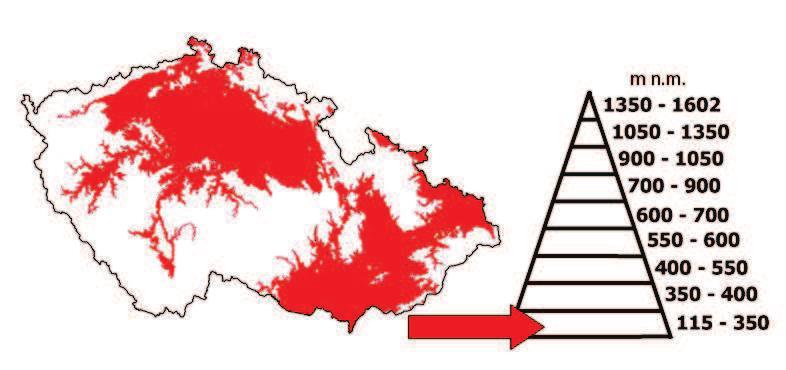 Modul Dendrologie RNDr. Oldřich Vacek, CSc.; Ing. Miroslav Ezechel 2.2.2 Dubový stupeň Obrázek 11 Dubový stupeň rámcové vymezení dle nadmořské výšky (zdroj O.