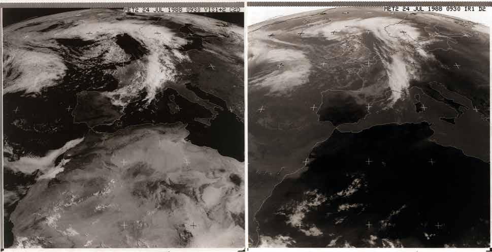 Obr. 7.6 Ukázka analogových snímků z družice Meteosat-2 přijatých na Libuši. Vlevo snímek ve viditelném pásmu, vpravo snímek z tepelného pásma. Obr. 7.7 Systém SDUS firmy UKW Technik, GmBH.