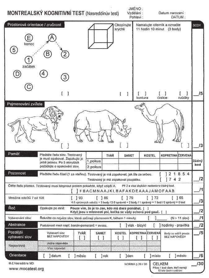 www.csnn.eu stazeno: 17.6.2014 login: Rusina SROVNÁNÍ ČESKÉ VERZE MONTREALSKÉHO KOGNITIVNÍHO TESTU S MINI-MENTAL STATE Příloha 1. Popis testu MoCA. Test MoCA v české verzi je dostupný na www.mocatest.