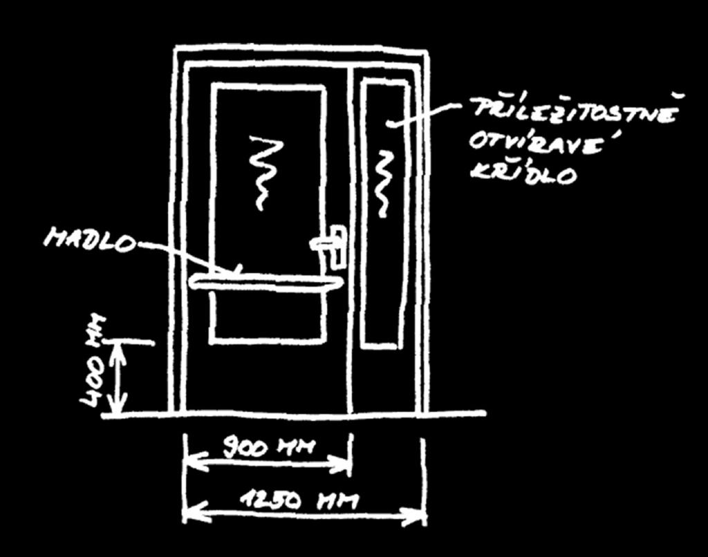 najetí vozíku přímo do skla. Vhodné je opatřit dveře podélným madlem přes celou jejich šířku.