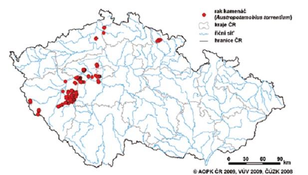 Obr. 4 Současné rozšíření raka kamenáče v ČR (převzato z Štambergová a kol. 2009). Stav většiny populací je nepříznivý, raci jsou ohrožováni řadou negativních faktorů.