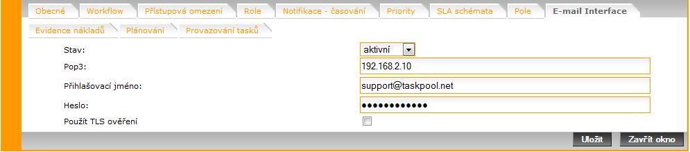 Taskpool umožňuje nastavit vybírání e-mailové schránky přes POP3 protokol a z došlých e-mailů vytvářet tasky.