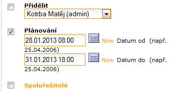 Plánování v editaci tasku Podle nastavení na obrázku máme práci na daném tasku naplánovaou od 28.1.2013 od 9:00 do 31.1.2013 do 18:00.