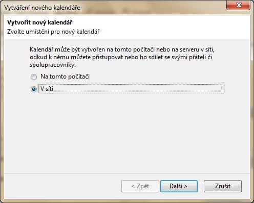 Obrázek 3.17. Mozilla Lightning: Vytvoření nového kalendáře Na úvodní obrazovce zvolíme volbu "V síti", protože se bude jednat o tzv. vzdálený kalendář. Obrázek 3.18.