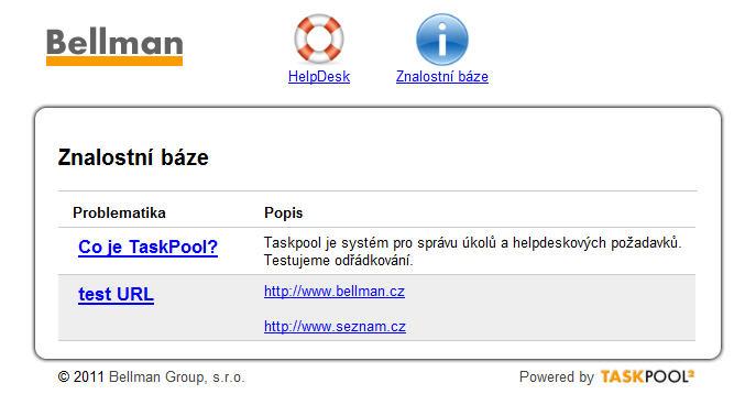 Obrázek 19.2. Použití znalostní báze v TaskPoolu Odkaz na znalostní bázi přístupnou zvenčí najdeme na konfiguračním formuláři a zobrazí se až po uložení konfigurace.