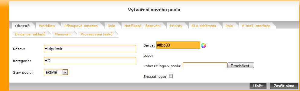 Na kartě "Obecné" nastavujeme základní vlastnosti poolu. Již vytvořený pool nemůže být smazán, ale pouze deaktivován. Důvodem je možná existence vazeb na další časti systému.