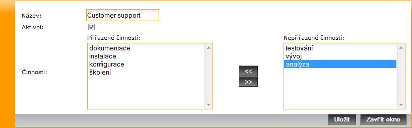 Obrázek 21.2. Přiřazení jednotlivých činností do skupin činností Pomocí šipek můžeme označené činnosti přesouvat mezi přiřazenými a nepřiřazenými činnostmi dané skupiny činností.