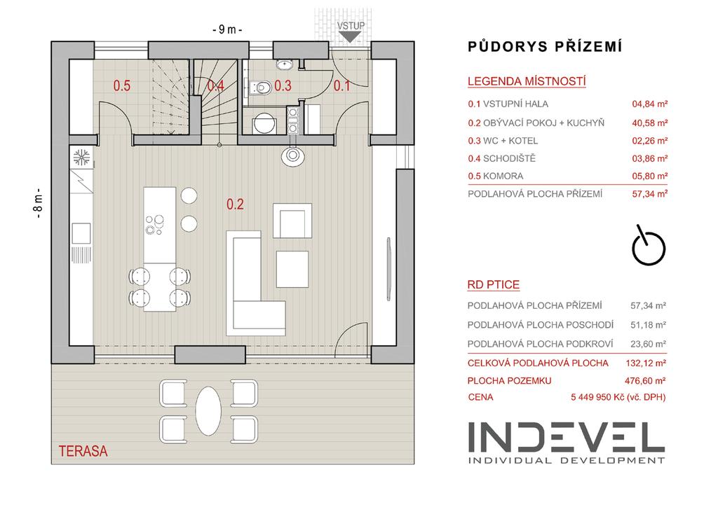 PŮDORYS 1.NP Rodinný dům, podlahová plocha celkem 132,12m² (podlahová plocha dle vyhlášky 366/2013Sb.) LEGENDA MÍSTNOSTÍ 0.1 VSTUPNÍ HALA 4,84m² 0.2 OBÝVACÍ POKOJ S KUCH.KOUTEM 40,58m² 0.