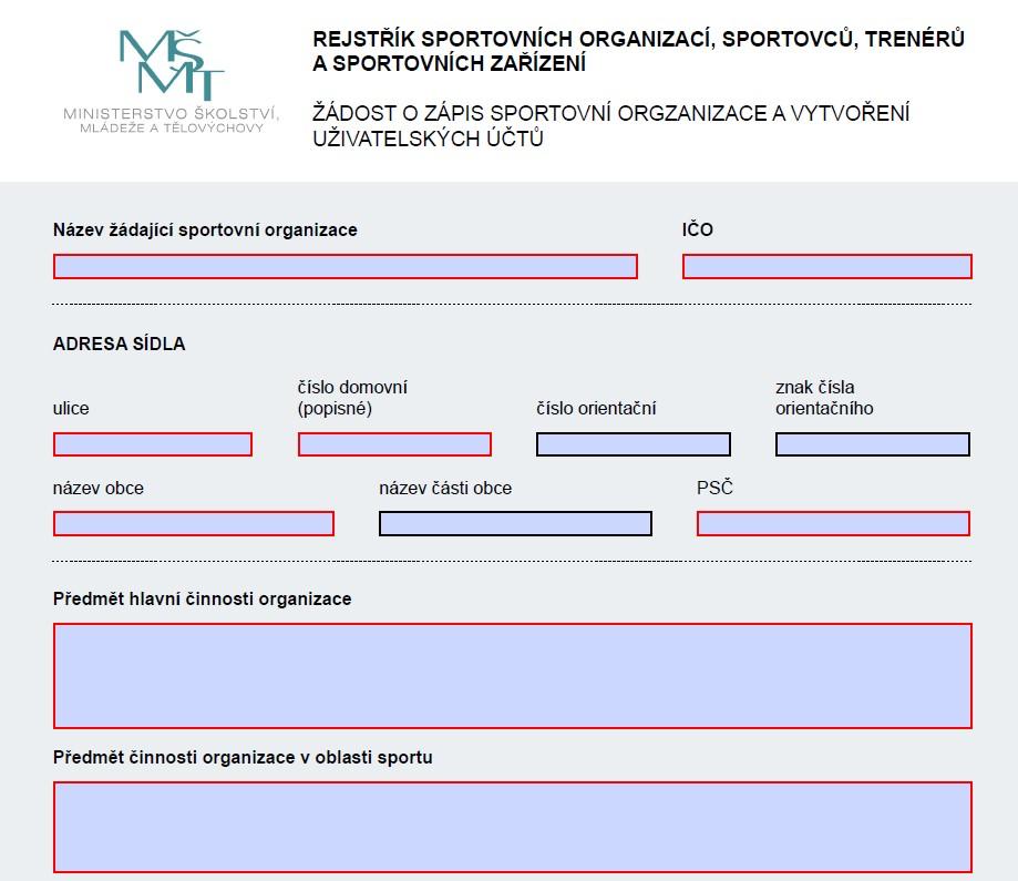 Formáty a struktura dat pro zápis do rejstříku Formuláře PDF (elektr. čitelné) - žádost o zápis sport.