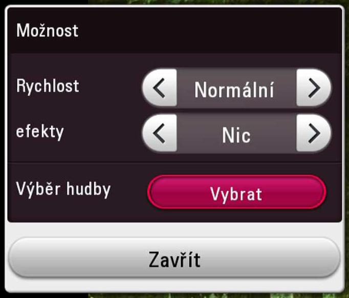 Nastavení možnosti prezentace Můžete použít různé možnosti v průběhu prohlížení fotografií v režimu celé obrazovky. 1. Během sledování fotografií stiskněte INFO/ MENU (m). 2.