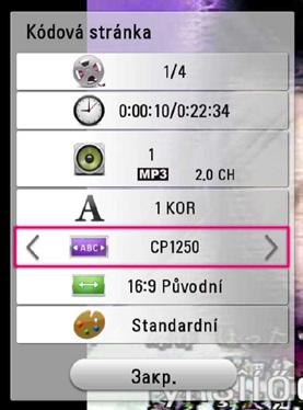 48 Ovládání Změna stránky kódu titulků y Pokud se titulky nezobrazují správně, změňte kódování jazyka titulků pro správné zobrazení titulků. 1. Během přehrávání stiskněte INFO/MENU (m). 2.