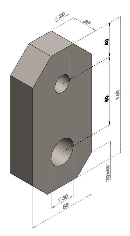 Návrh čepu: ČEP 30x x x B ISO 2341 Spojovaná šířka vidlice je 70 mm (20 + 30 + 20). Tloušťka podložky je 4 mm. Průměr závlačky je 8 mm.