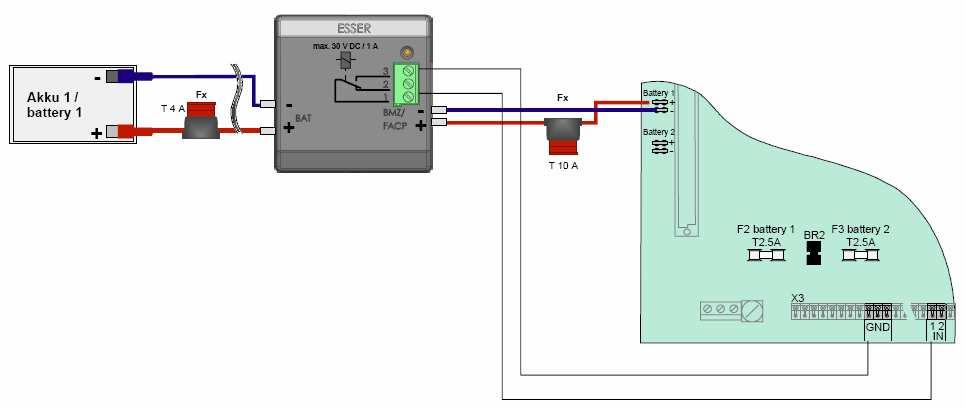 Připojení jednoho akumulátoru Obr. 6: Připojení jednoho akumulátoru Akumulátor BR F Fx max.