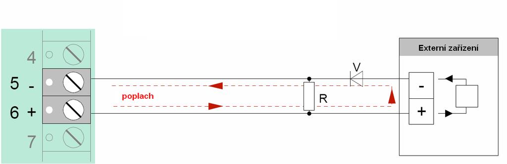 signalizačního zařízení. Aby během hlídání a kontroly nedocházelo např. ke spouštění externích signalizačních zařízení proudem kontroly a hlídání, je bezpodmínečně nutné vřadit ochrannou diodu (např.
