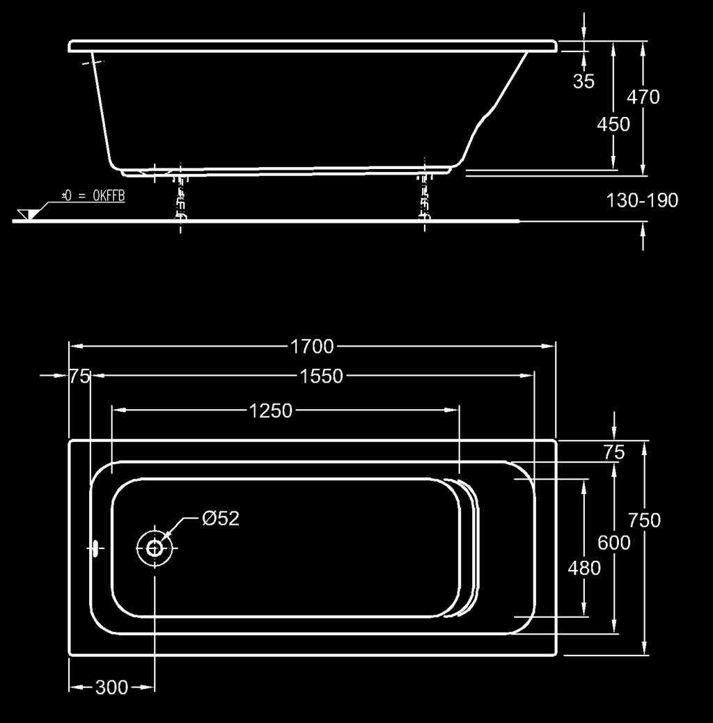 směr pohledu: od hlavy k nohám Sedací vana 170 x 75 cm I 657171