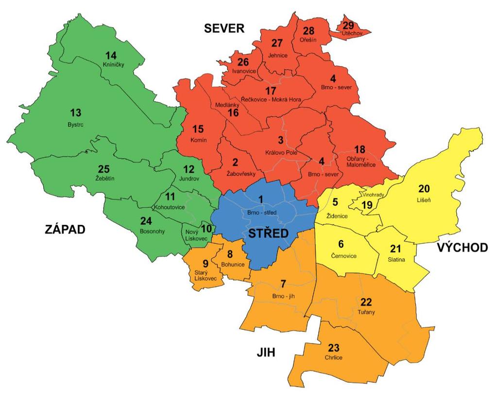 Tabulka 33 Městské části členěné do skupin dle světových stran Skupina STŘED SEVER JIH ZÁPAD VÝCHOD Městská část (číslo/název) 1/ Brno-střed 3/ Brno-Královo Pole, 4/ Brno-sever, 15/ Brno-Komín, 16/