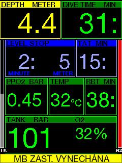 3.5.12 Bez zast. L0 = 2 min. 3.5.11 Snížená MB úroveň Vystoupíte-li při ponoru s vyšší úrovní MB než L0 a v případě požadavku na bezpečnostní zastávky více než 1,5 m/5 stop nad nejhlubší požadovanou