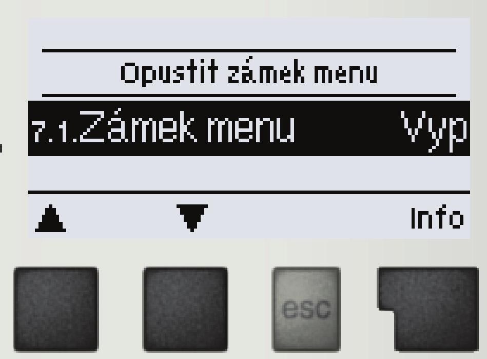 Zámek menu menu 7 7 - Zámek menu Menu 7. Zámek menu lze využít k zajištění regulátoru před nechtěnou změnou nastavených hodnot. Menu se ukončuje stiskem esc nebo volbou Opustit zámek menu.