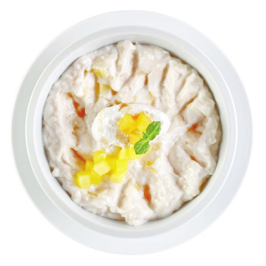 POHANKOVÁ KAŠE S HRUŠKOU RÝŽOVÁ KAŠE S TVAROHEM 90 g pohankových krup, 150 ml Fortini Multi Fibre, 20 g strouhaného kokosu, 20 g třtinového cukru, 10 g másla, 100 g hrušky, 10 g rozinek Propláchnuté