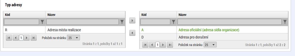 Obrázek 136: Záložka Adresy subjektu Obrázek 137: Číselníky pro výběr adresy Pokud chce žadatel jako typ adresy