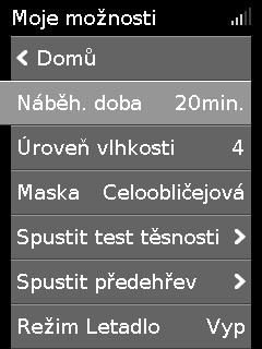 Náběh. doba Funkce Náběh. doba je určena ke zpříjemnění začátku léčby. Je to doba, po kterou se tlak zvyšuje z nízkého počátečního tlaku na předepsaný léčebný tlak. Náběh. dobu můžete nastavit na Vyp nebo na 5 až 45 minut.