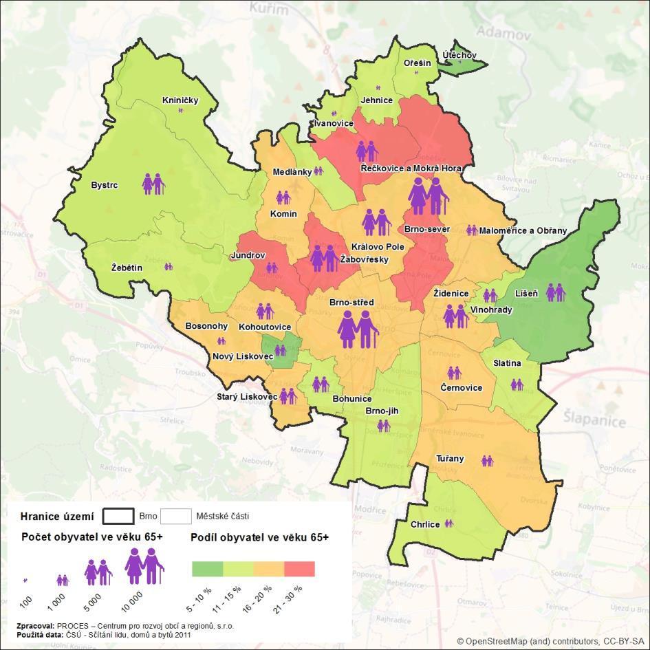 Obrázek 4.11: Rozložení osob ve věku 65+ a více let v roce 20
