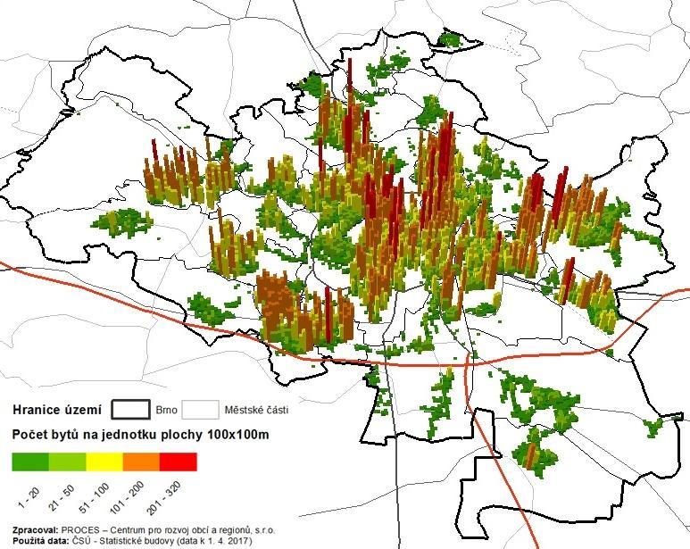 v příloze 7.4). Nejvyšší koncentrace bytů je v městských částech Brno-střed, Žabovřesky, Královo Pole a Židenice. Obrázek 4.36