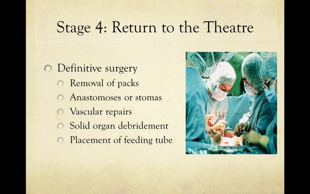 Poranění břicha - DCS Fáze III b Zpět na operační sál ošetření Odstranění tamponády Resekční výkony