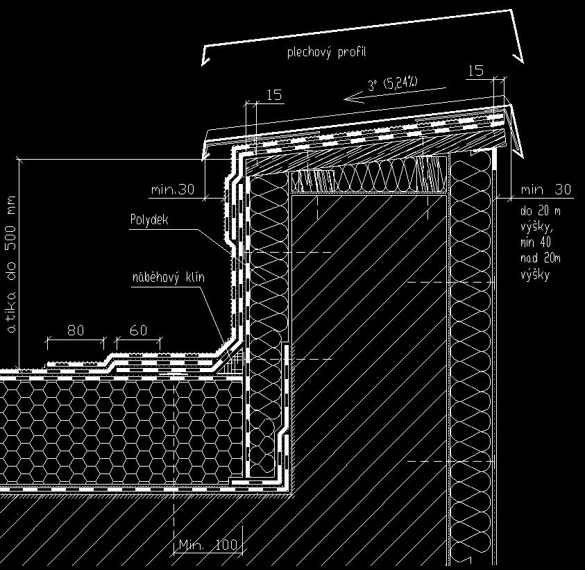Schéma řešení asfaltové hydroizolace při alternativě zvýšeni atiky, střecha