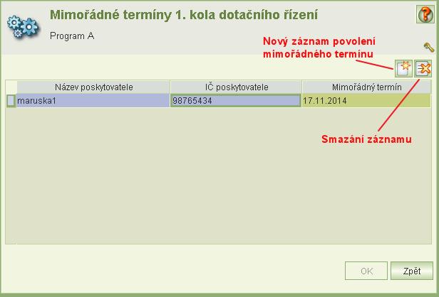 Kliknutím na tl. Povolení mimořádného termínu se otevře seznam zadaných mimořádných termínů. Mimořádný termín se povoluje konkrétnímu poskytovateli.