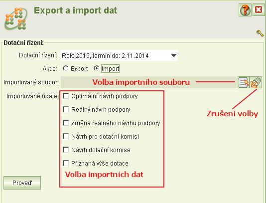 12 Export a import dat Úloha umožňuje a) vyexportovat data žádostí do formátu csv. b) načíst návrhy na výši dotace z formátu csv Po otevření úlohy zvolte, zda chcete provést export nebo import.