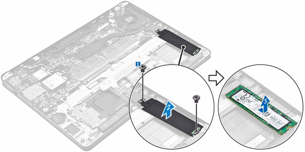 Montáž volitelné karty PCIe SSD 1. Vložte kartu SSD do konektoru na základní desce. 2. Umístěte držák SSD na kartu SSD, dotáhněte šrouby, a upevněte ji tak k počítači. 3.