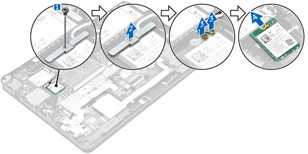 Montáž karty sítě WLAN 1. Vložte kartu WLAN do konektoru na základní desce. 2. Připojte kabely WLAN ke konektoru na kartě WLAN. 3.