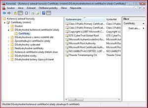 Z nabídky složek prosím vyberte Certifikáty - aktuální uživatel, poté Důvěryhodné kořenové certifikační úřady a nakonec Certifikáty.