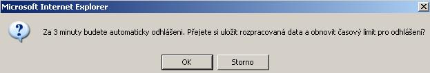 V případě, že uživatel nereaguje, do tří minut dojde k automatickému odhlášení a návrat na úvodní stránku. Uživatel se pak musí znovu přihlásit.