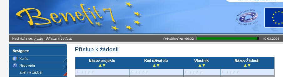 Uživatel do pole Zadejte Kód uživatele, kterému chcete přidělit přístup k žádosti napíše e-mail nového uživatele. UPOZORNĚNÍ Tato osoba musí již být v aplikaci BENEFIT7 zaregistrována.