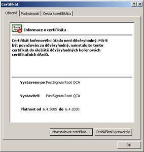 Na úvodní obrazovce naleznete odkaz Certifikáty, kde po kliknutí na tento link naleznete odkazy na dané certifikáty s pokyny pro instalaci: - PostSignum Root - PostSignum Sub Postup instalace