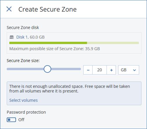 4. Zadejte velikost oddílu Secure Zone nebo určete velikost přetažením posuvníku mezi minimální a maximální hodnotou. Minimální velikost je přibližně 50 MB v závislosti na geometrii pevného disku.