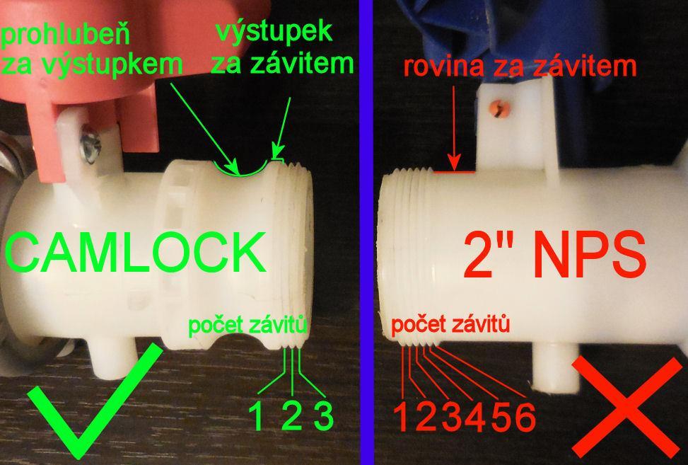 I když jsou si závity dosti podobné, naše redukce 2" BSP CAMLOCK NEPASUJE na ventily s 2" NPS! (redukce je o 2mm větší,neseděla by na závitu a netěsnila by!