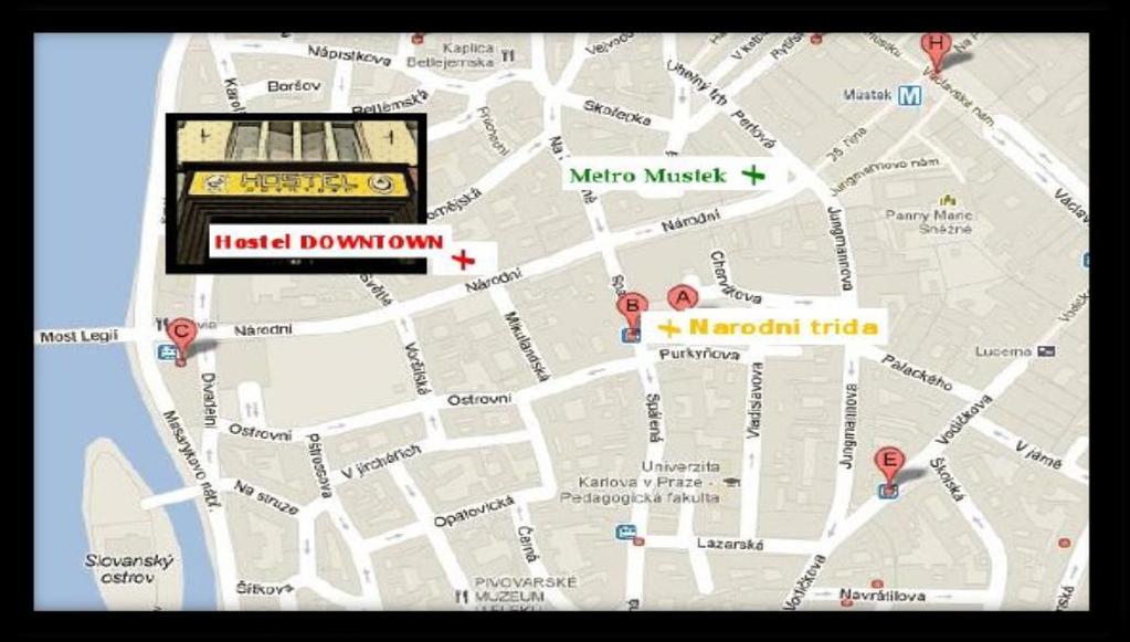 Lokalita Hostel & Pension Downtown se nachází v historickém centru Prahy, a to přímo v UNESCO zóně: 5 min pěšky od Václavského náměstí 10 min pěšky od Staroměstského náměstí 10 min pěšky od Karlova