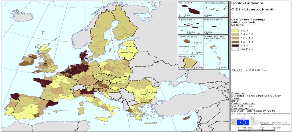 Zatížení VDJ na ha v zemích EU Počet VDJ/ha souvisí se sociálně ekonomickým pohledem na zemědělství v každé zemi.