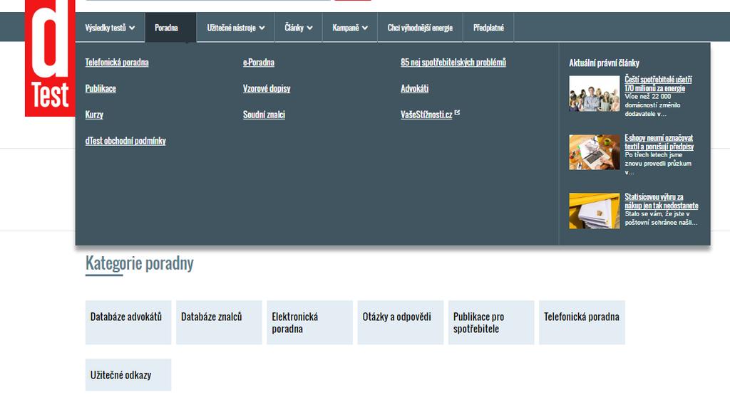 kontakty na telefonickou a elektronickou poradnu, nabídku kurzů pro podnikatele, databázi advokátů aj. Obrázek 5: dtest 