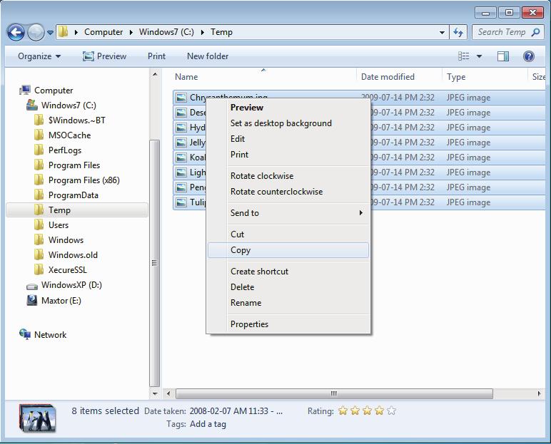 2) Na této straně klepněte pravým tlačítkem na Temp folder (dočasná složka) a vyberte Kopírovat. Nyní budeme kopírovat složku Temp z místního disku C na disk Maxtor E.