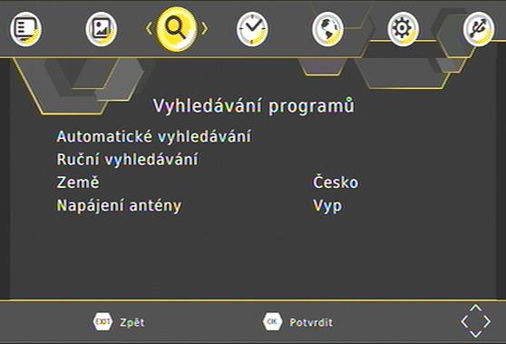6.3 MENU VYHLEDÁVÁNÍ PROGRAMŮ Automatické vyhledávání programů Pomocí tlačítek [OK] nebo [ ] spustíte vyhledávání. Průběh vyhledávání se zobrazuje v tabulce.