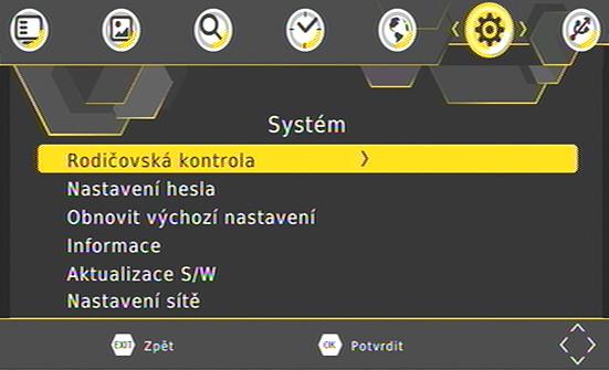 6.6 MENU SYSTÉM Rodičovská kontrola Funkce nastavuje omezení pro sledování pořadů dle jejich klasifikace vhodnosti pro různé věkové kategorie. Tlačítky [ ], [ ] nastavíte úroveň omezení přístupu.
