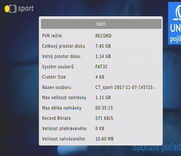 7 PVR Videorekordér Přijímač je vybaven vestavěným USB videorekordérem, který umožňuje pořizovat nahrávky vysílaných pořadů na USB nosič (USB Flash nebo HDD) a jejich následné přehrávání.