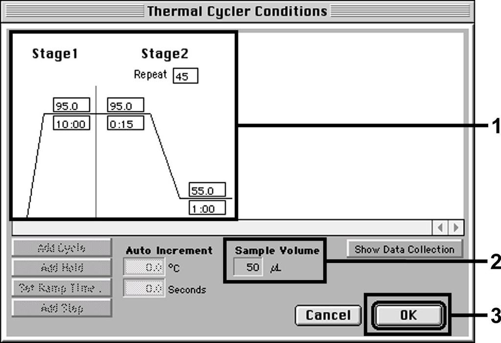 Obr. 13: Vytvoření teplotního profilu. Kromě toho se v nabídce Thermal Cycler Conditions nachází volba Show Data Collection. Zvolením této volby se dostanete do okna zobrazeného na Obr. 14.