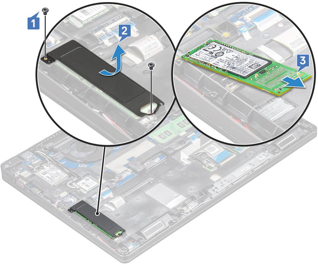 POZNÁMKA: Systém se dodává s disky SSD NVMe, není třeba odstranit mylarový kryt. b Vyjměte držák šroub, jímž je karta SSD připevněna k základní desce. c Zvedněte a vytáhněte kartu SSD z notebooku [3].